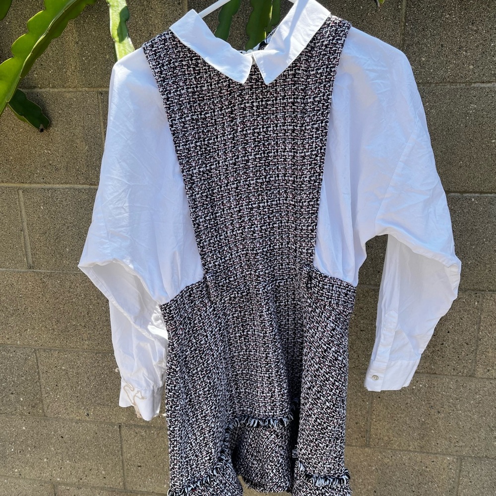 Zara Black and White Tweed Dress with Red Accents